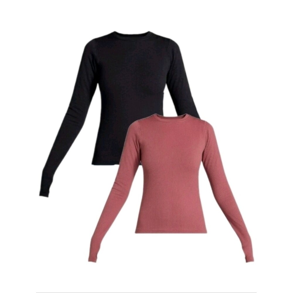 2pk Ozark Trail Womens XS Warmer Seamless Ribbed Thermal Crew Top Black & Ginger